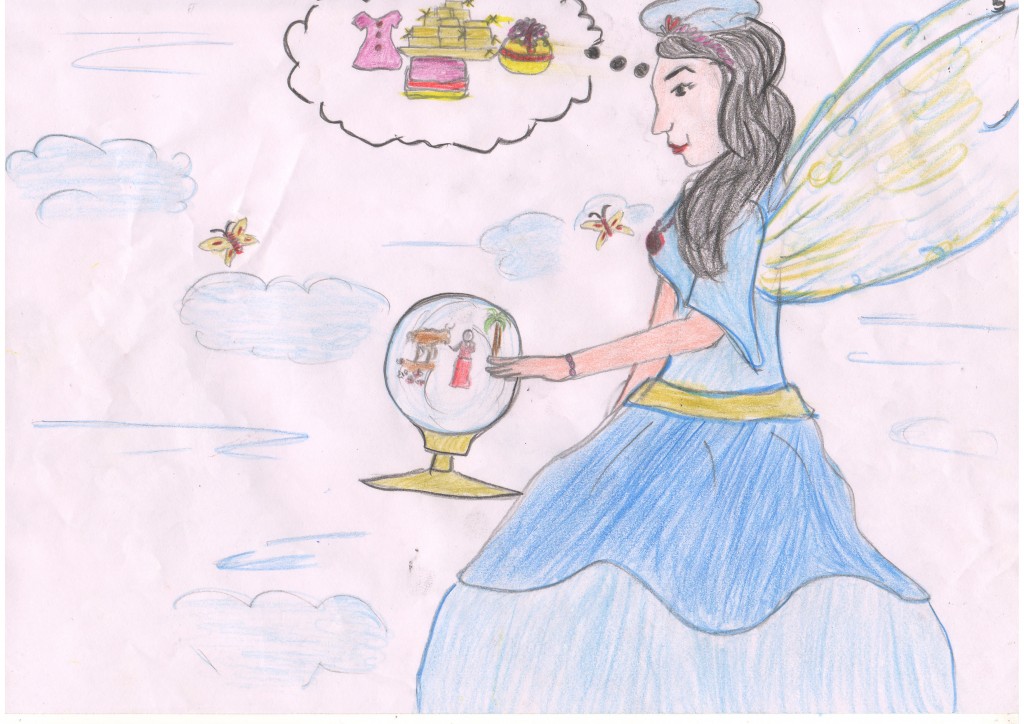 Kushi's fairy godmother looked down at all the good things Kushi did and decided to reward her.